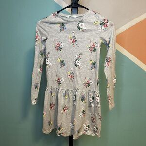 H&M Girls Floral Long Sleeve Dress Size 8-10Y‎ Grey With Floral Design